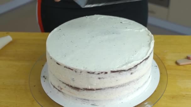 Primer Plano Las Manos Mujer Haciendo Pastel Dulce Con Crema — Vídeo de stock