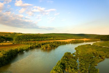 Baharda yeşil çayırlarda akan parlak nehrin havadan görünüşü.