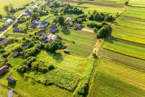 Aerial view of a small village win many houses and green agricultural fields in spring with fresh vegetation after seeding season on a warm sunny day.