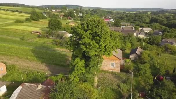 Letecký pohled na malou vesničku s malými domky mezi zelenými stromy s farmářskými poli a vzdáleným lesem v létě.