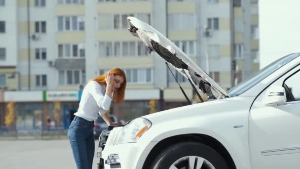 若いですストレスのかかる女性ドライバー近く壊れた車でポップフードを持つ彼女の車で故障の問題を持っています支援を待っています — ストック動画