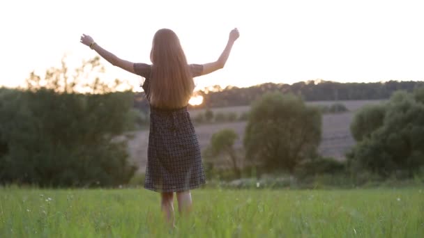 Young Woman Dress Raising Her Hands Outdoors Grass Field Sunset — Stockvideo