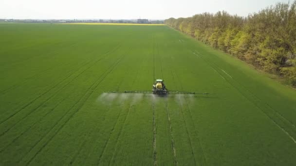 Widok Powietrza Ciągnika Opryskującego Pestycydami Chemicznymi Opryskiwaczem Duże Zielone Pole — Wideo stockowe