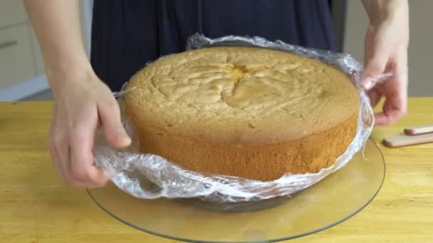 Close Woman Hands Cutting Baked Biscuit Making Sweet Cake — Stock Video