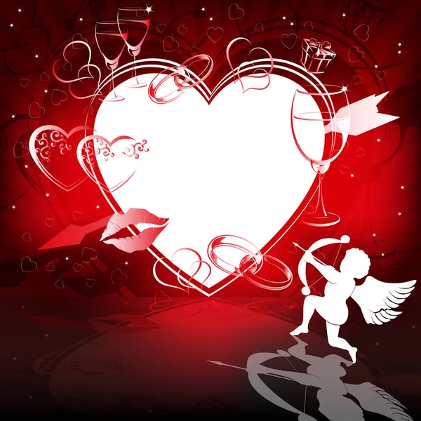 Röd bakgrund med hjärtan och Cupid — Stock vektor