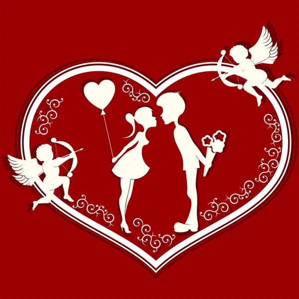 Сердце с романтической парой и Купидоном — стоковый вектор