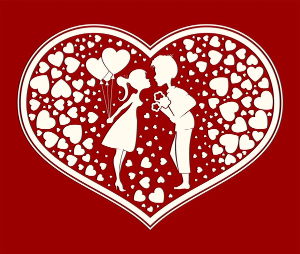 Corazón de silueta en el amor chico y chica — Archivo Imágenes Vectoriales
