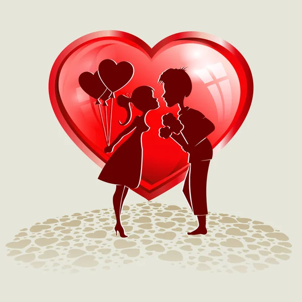 Le gars avec la fille sur un fond de coeurs rouges — Image vectorielle