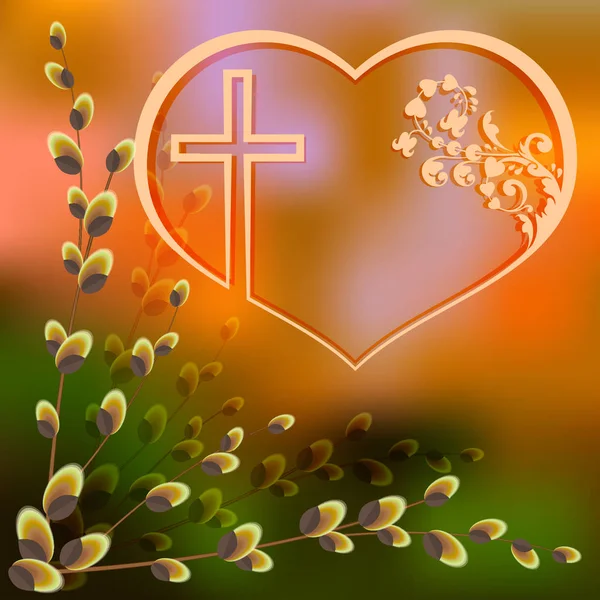 Design fait de branches de saule et de silhouettes du cœur avec une croix — Image vectorielle