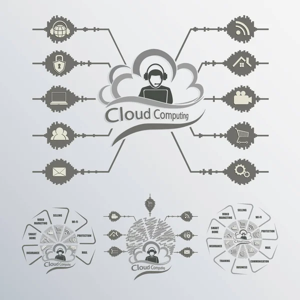 Nube de ordenador en blanco y negro — Vector de stock