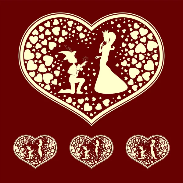 Силуэты сердца с принцем и принцессой, ретро, сет — стоковый вектор