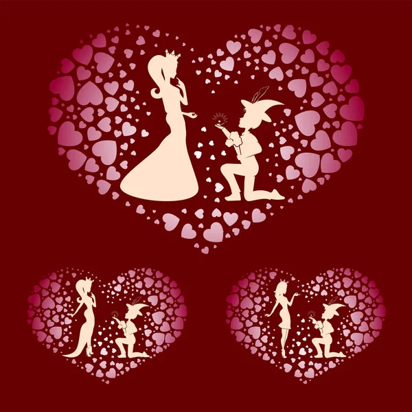 Siluetas de un niño y una princesa con corazones rojos, conjunto de — Vector de stock