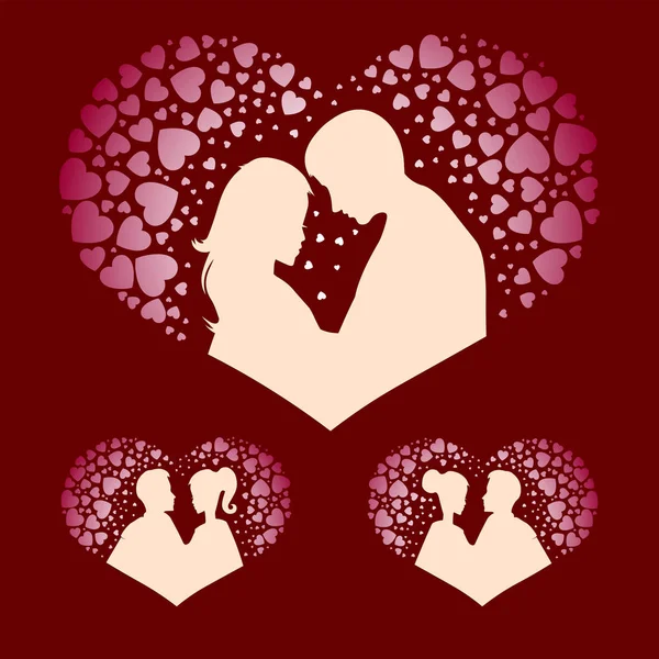 Силуэты мальчика и девочки с установленными сердцами — стоковый вектор