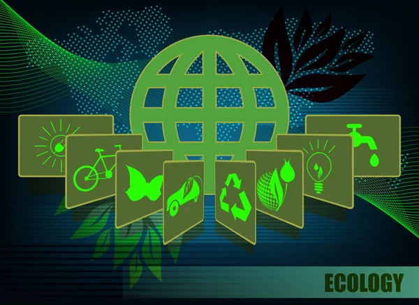Fondo verde oscuro con símbolos de ecología — Vector de stock