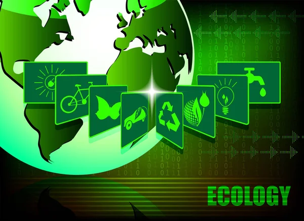 Fondo verde con símbolos de la ecología — Vector de stock