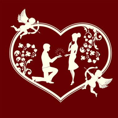 Cupids ve sevgi dolu bir çift bir kalple silüeti