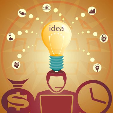 Silhouette bir kafa, bir ampul ve dolar işareti ile tasarım,