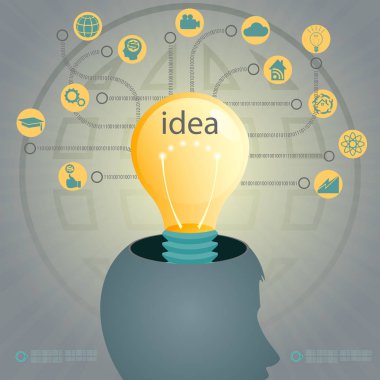 Silhouette bir insan kafası ve parlayan bir ışık ampul Tasarla