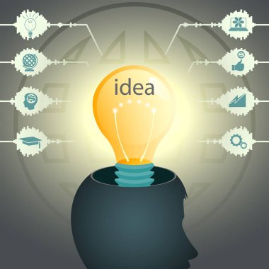 Tasarım bir insan kafa siluet ve parlak parlayan ampul