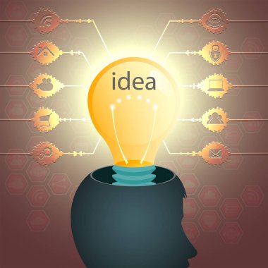 Arka plan ile bir adam s baş ve parlak parlayan ampul silüeti