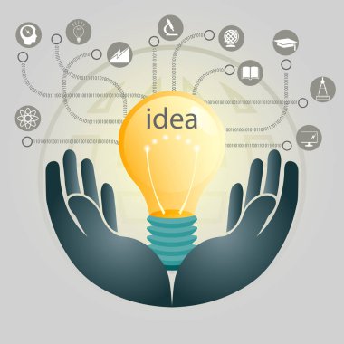 Arka plan ile bir siluet el ve parlak parlayan ampul