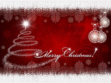 Noel ağacı ve Noel topları ile kırmızı arka plan