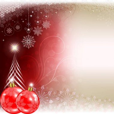 Christmas kırmızı arka plan ile topları ve Noel ağacı silüeti