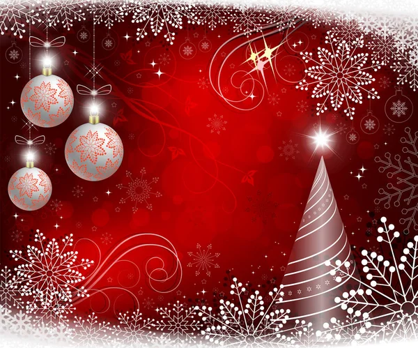 Röd jul bakgrund med vita bollar och graciösa snöflingor — Stock vektor