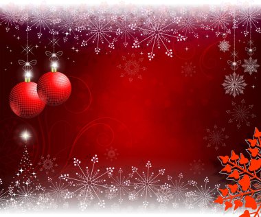kırmızı topları ve zarif kar taneleri ile kırmızı, bej Noel arka plan