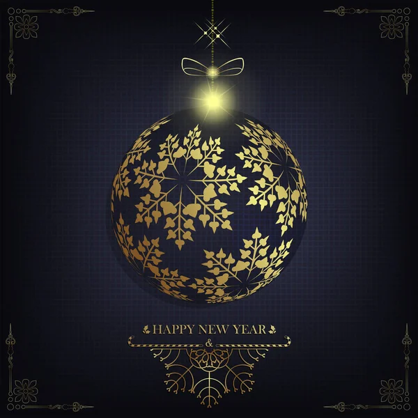 Kerst blauw ontwerp met een bal en met gouden sneeuwvlokken — Stockvector