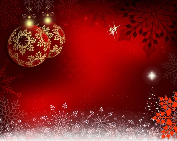Weihnachten Hintergrund mit roten Kugeln mit goldenen Schneeflocken — Stockvektor