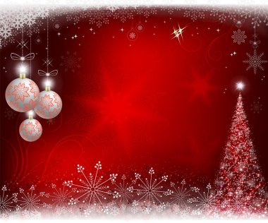 Christmas kırmızı arka plan ile topları kar taneleri ile Ladin ile