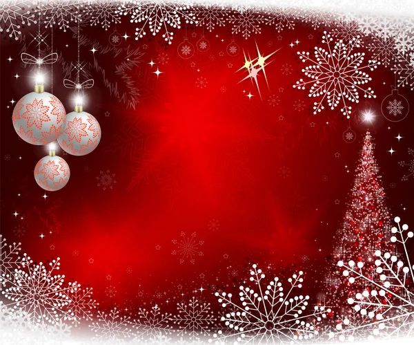 Weihnachten roter Hintergrund mit Baum und drei weißen Kugeln — Stockvektor