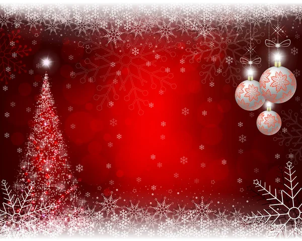 Fondo rojo de Navidad con árbol de Navidad, bolas y copos de nieve — Vector de stock