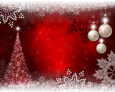 Noel ağacı, toplar ve kar taneleri ile Noel kırmızı tasarım