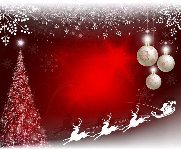 Jul röd design med julgran, bollar, snöflingor och jultomten på renar — Stock vektor