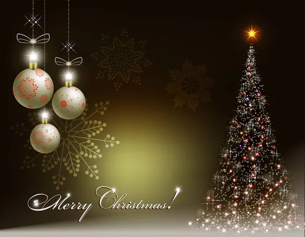 Natal design escuro de bolas e árvore de Natal brilhante — Vetor de Stock