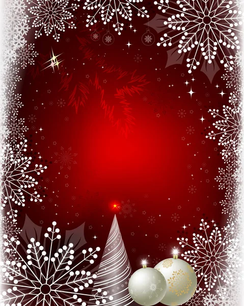 Diseño rojo navideño con bolas, copos de nieve y un árbol de Navidad — Vector de stock