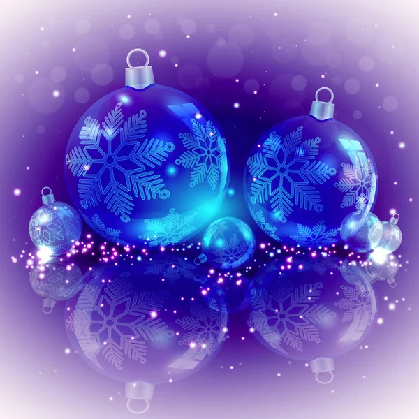 Navidad luz púrpura fondo con bolas de vidrio azul — Vector de stock