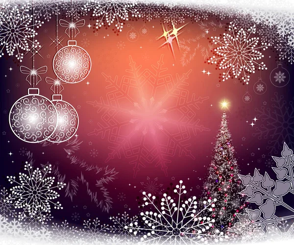 Fondo rojo de Navidad con copos de nieve, árbol de Navidad — Vector de stock