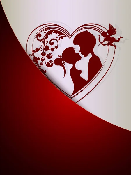 Silhouette d'un cœur avec un couple aimant avec un Cupidon dans une poche — Image vectorielle
