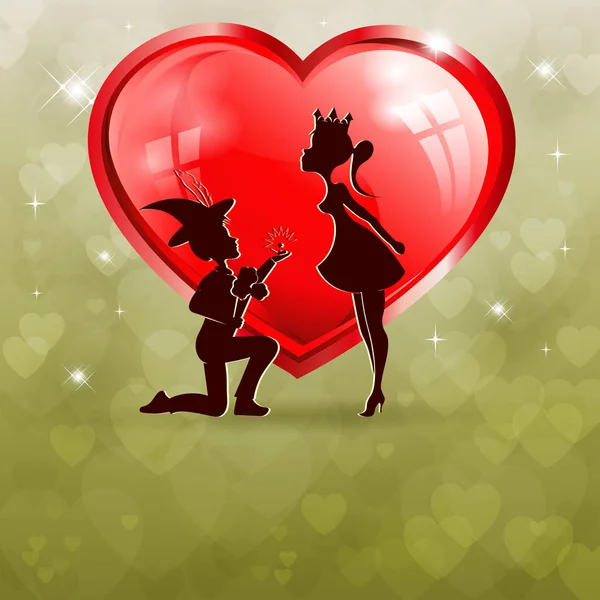 Fondo verde con un corazón rojo brillante y con una pareja amorosa — Vector de stock