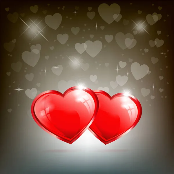 Dois corações vermelhos em um fundo escuro com brilho — Vetor de Stock