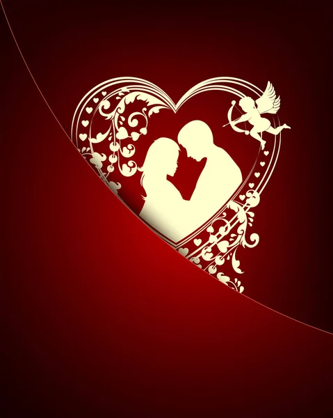 Fond rouge foncé comme une poche avec une silhouette de deux amoureux — Image vectorielle