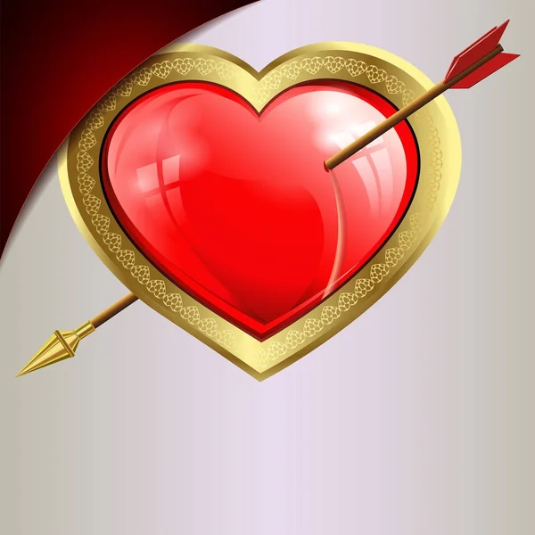 Coração vermelho com uma seta com uma borda de ouro em um fundo claro com um canto —  Vetores de Stock