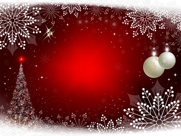 Arrière-plan rouge de Noël avec arbre de Noël et boules de Noël — Image vectorielle
