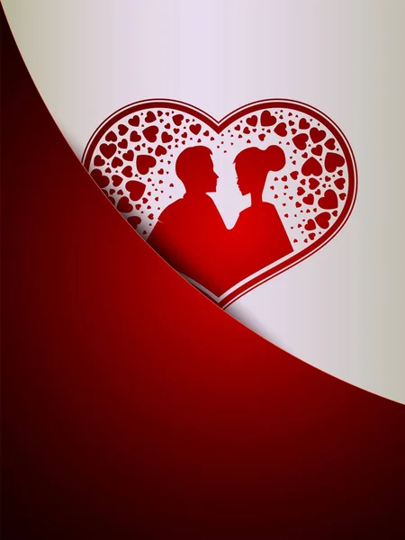 Червоний з білим тлом з силуетом серця з парою закоханих — стоковий вектор