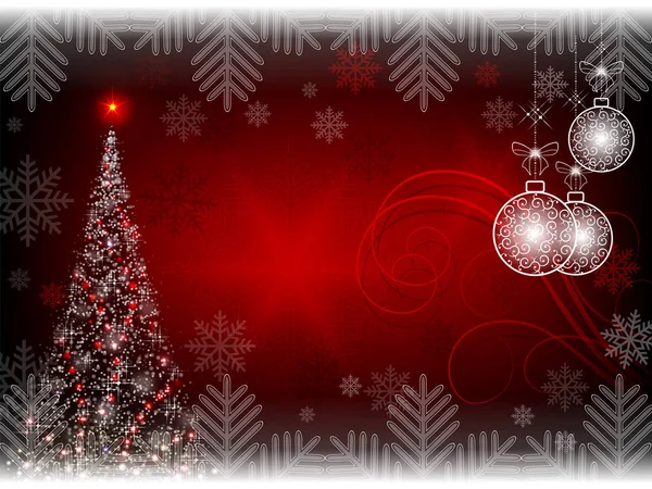 Jul röd mörk bakgrund med julgran och bollar i retrostil — Stock vektor
