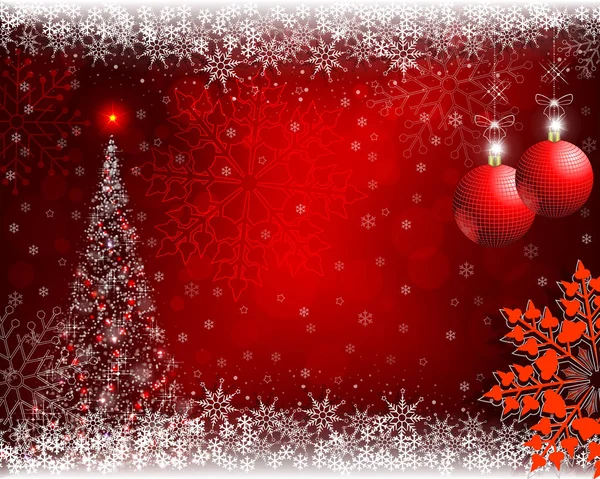 Fondo rojo de Navidad con árbol de Navidad y bolas — Vector de stock