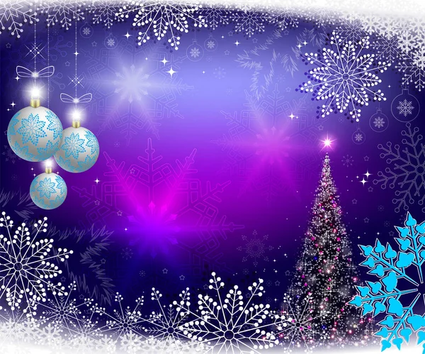 Різдвяний синій фон з ялинкою та кульками — стоковий вектор